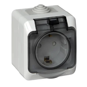 Розетка 1-м ОП Этюд 16А IP44 250В с защ. крышкой защ. шторки с заземл. бел. SchE PA16-044B
