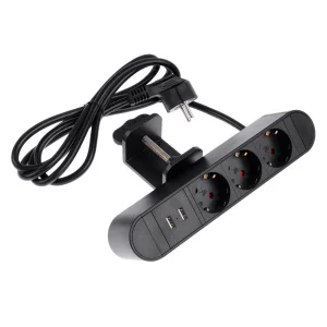Розеточный блок на струбцине Luazon, 16А, трёхместный, 2xUSB, 2.1 A, провод 1,8 метра, черн. 9458918