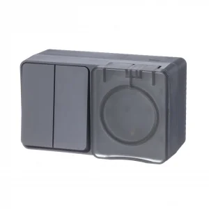 Блок "AtlasDesign" Profi розетка с  заземлением со шторками 16А 250B, выключатель двухклавишный IP54