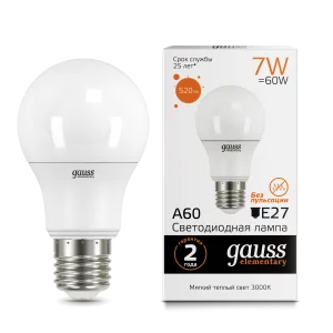 Лампа Gauss Elementary A60 7W 520lm 3000K E27 LED *1/10/100