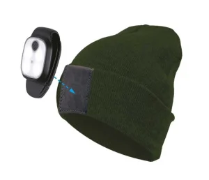 Шапка с фонарем, цвет хакки, фонарь-клипса съемный, красный и белый цвет свечения + SOS (мигающий красный)