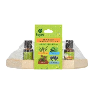 Набор эф.масел "Дыхание леса" (эвкалипт,пихта,кедр,мята) 4 масла по 15 мл на дерев.полочке "Банные ш