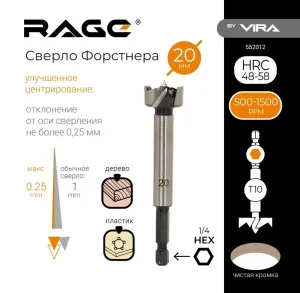 Сверло Форстнера по дереву 20х93мм 6-гранный хвостовик Rage by Vira 552012 *1