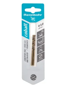 Сверло по металлу ЦХ, 3,0х61мм, HSS-Co, Р6М5К5, уп-2шт. Rennbohr Cobalt Card 668030 *1