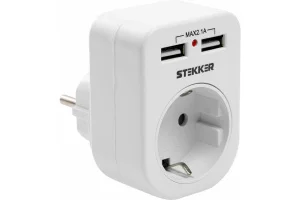 Переходник сетевой с/з (+ 2 USB 2,1А), 250В, 16A, белый ADP16-24-20 Stekker *1