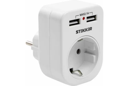 Переходник сетевой с/з (+ 2 USB 2,1А), 250В, 16A, белый ADP16-24-20 Stekker *1