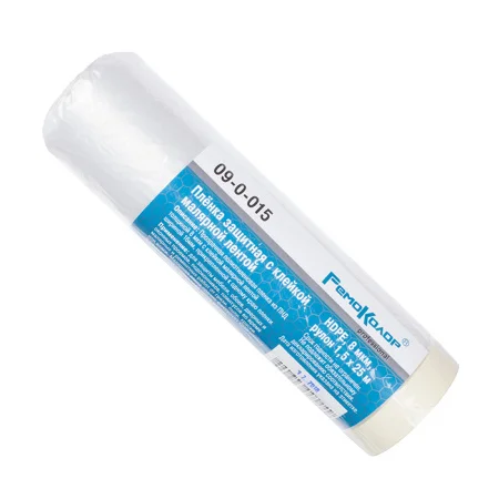 Пленка защитная с клейкой малярной лентой прозрачная HDPE рулон 1,5х25м толщина 8мкм 09-0-015