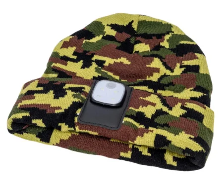 Шапка с фонарем, цвет камуфляж, фонарь-клипса съемный, красный и белый цвет свечения + SOS (мигающий красный)