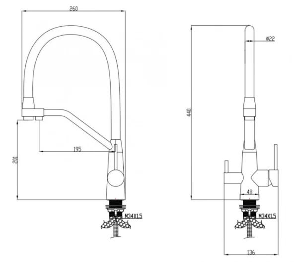 Смеситель для кухни одноручный с высоким гибким изливом с подключением фильтра питьевой воды AVRORA Kitchen AV9006Gold золото