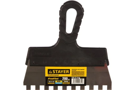 STAYER  PROFlat, 200 мм, зуб 10 х 10 мм, пластиковая ручка, зубчатый, нержавеющий фасадный шпатель,