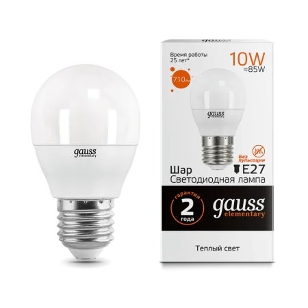 Лампа Gauss Elementary Шар 10W 710lm 3000K Е27 LED *1/10/100