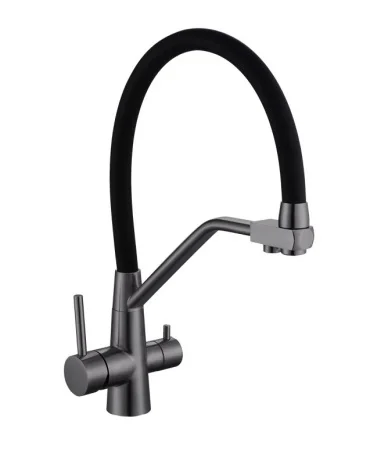 Смеситель для кухни одноручный с высоким гибким изливом с подключением фильтра питьевой воды AVRORA Kitchen AV9006GM графит