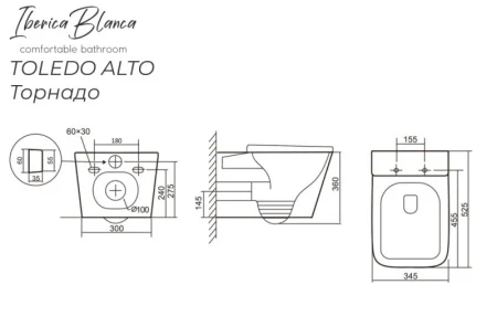 Унитаз подвесной Iberica Blanca Toledo Alto IB.TLA.234.1B1 безоободковый с микролифтом белый