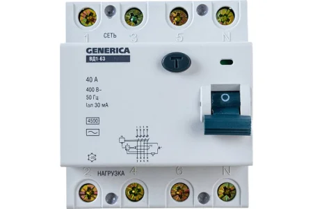 Устройство защитного отключения ВД1-63 4Р 40А 30мА GENERICA ИЭК MDV15-4-040-030