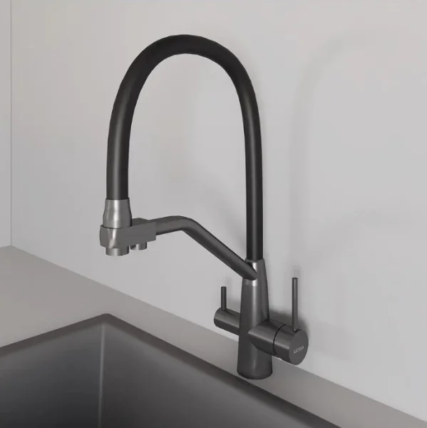 Смеситель для кухни одноручный с высоким гибким изливом с подключением фильтра питьевой воды AVRORA Kitchen AV9006GM графит