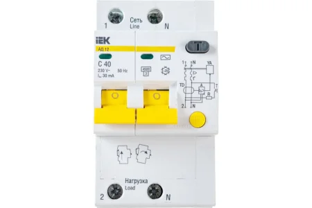 Выключатель авт.диф.тока 2п C 40А 30мА тип AC 4.5кА АД-12 IEK MAD10-2-040-C-030