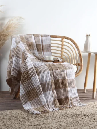 Плед вафельный Этель Клетка 150*240 см, цв.бежевый, хлопок 100%, 350гр   10666541