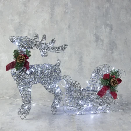 Светодиодная фигура «Олень с санями серебристый», олень: 40 × 50 × 16 см, сани: 40 × 25 × 10 см, мет