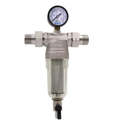 Фильтр самопромывной 3/4" НР/НР с манометром для холодной воды, никелированный JC154-N (VIEIR) *1
