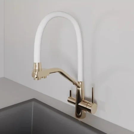 Смеситель для кухни одноручный с высоким гибким изливом с подключением фильтра питьевой воды AVRORA Kitchen AV9006Gold золото