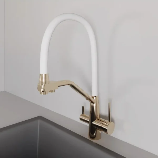 Смеситель для кухни одноручный с высоким гибким изливом с подключением фильтра питьевой воды AVRORA Kitchen AV9006Gold золото