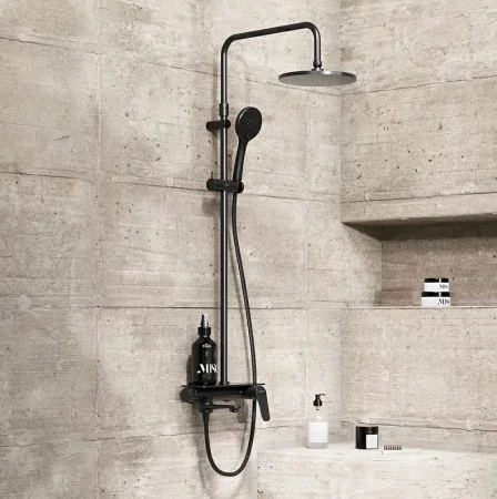 Душевой набор с верх. тропическим душем 1 реж. и руч. душем 3 реж. с полкой Damixa Jupiter 977730300 черный