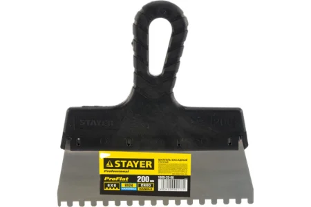 STAYER  PROFlat, 200 мм, зуб 6 х 6 мм, пластиковая ручка, зубчатый, нержавеющий фасадный шпатель, Pr