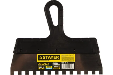 STAYER  PROFlat, 250 мм, зуб 10 х 10 мм, пластиковая ручка, зубчатый, нержавеющий фасадный шпатель,