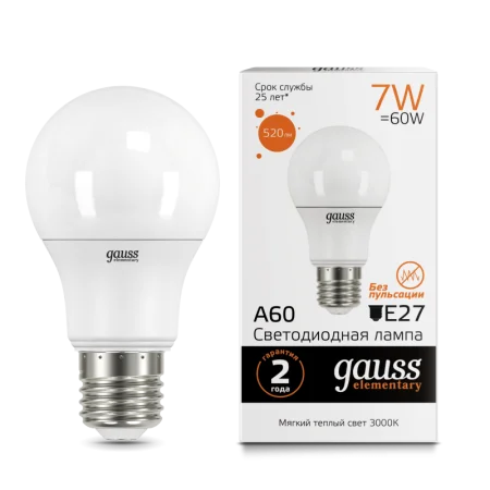Лампа Gauss Elementary A60 7W 520lm 3000K E27 LED *1/10/100