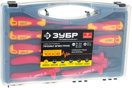 Набор губцевый диэлектрический до 1000В маслобензостойкая ручка 7предм, Зубр Профессионал 2214-H7_z01 *1