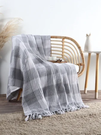 Плед вафельный Этель Клетка 130*160 см, цв.светло-серый, хлопок 100%, 350гр   10666529