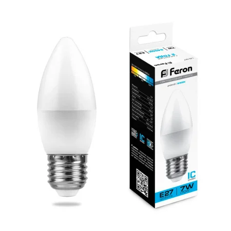 Лампа светодиодная LB-97 Свеча E27 7W 175-265V 6400K 25883 (Feron) *1