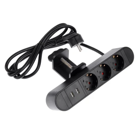 Розеточный блок на струбцине Luazon, 16А, трёхместный, 2xUSB, 2.1 A, провод 1,8 метра, черн. 9458918
