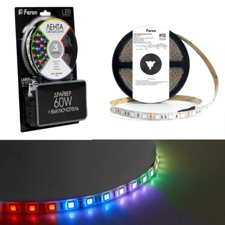 Лента светодиодная Feron LS606, 60SMD(5050)/m 14.4W/m 12V 3m RGB с адаптером с вилкой, контроллером с пультом в комплекте