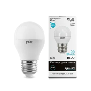 Лампа Gauss Elementary Шар 6W 450lm 4100K Е27 LED *1/10/100