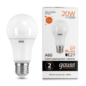 Лампа Gauss Elementary A60 20W 1520lm 3000K E27 LED *1/10/50