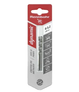 Сверло по металлу ЦХ, 3,2х65мм, HSS-G, P6M5, уп-2шт. Rennbohr Dynamic Card 675032 *1