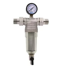 Фильтр самопромывной 3/4" НР/НР с манометром для холодной воды, никелированный JC154-N (VIEIR) *1