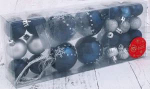 Набор шаров пластик d-3 см, d-4 см, d-6 см, 34 шт "Ночные снежинки" серебристо-синий   4942096