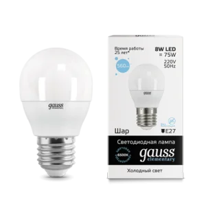 Лампа Gauss Elementary Шар 8W 560lm 6500K Е27 LED *1/10/100