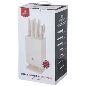 Набор Ножей Agness С Ножницами И Мусатом На Пластиковой Подставке, 8 Предметов