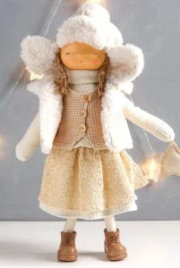 Кукла интерьерная "Девочка в белой шубке и шапочке со звёздочкой" 24х13х56 см   7669158