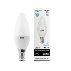 Лампа Gauss Elementary Свеча 6W 450lm 4100K Е14 LED *1/10/100