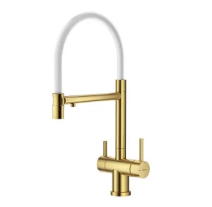 Смеситель для кухни одноручный со съемным гибким изливом Splenk S70.63.03 с магнитным фиксатором излива, с подкл фильтра питьевой воды сатин золотой