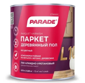Лак паркетный алкидно-уретановый PARADE L10 Паркет & Деревянный пол Глянцев. 0,75л Россия 0006097