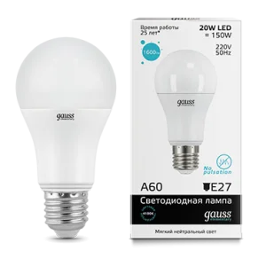 Лампа Gauss Elementary A60 20W 1600lm 4100K E27 LED *1/10/50