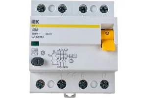 Выключатель дифференциального тока  УЗО  4п 40А 300мА тип AC ВД1-63 IEK MDV10-4-040-300