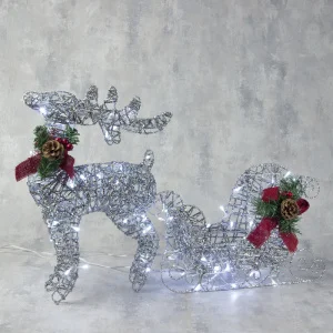 Светодиодная фигура «Олень с санями серебристый», олень: 40 × 50 × 16 см, сани: 40 × 25 × 10 см, мет