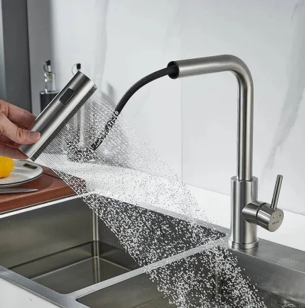 Смеситель для кухни одноручный гибкий выдвижной излив Shevanik S263L сатин