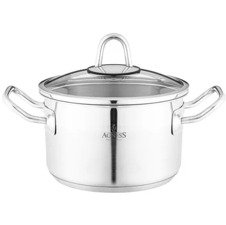 Кастрюля Agness 20X10 См  2,8 Л Высококачественная Нерж Сталь 18/10 Со Стекл.Крышкой